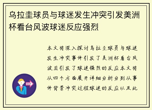 乌拉圭球员与球迷发生冲突引发美洲杯看台风波球迷反应强烈