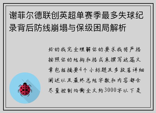 谢菲尔德联创英超单赛季最多失球纪录背后防线崩塌与保级困局解析